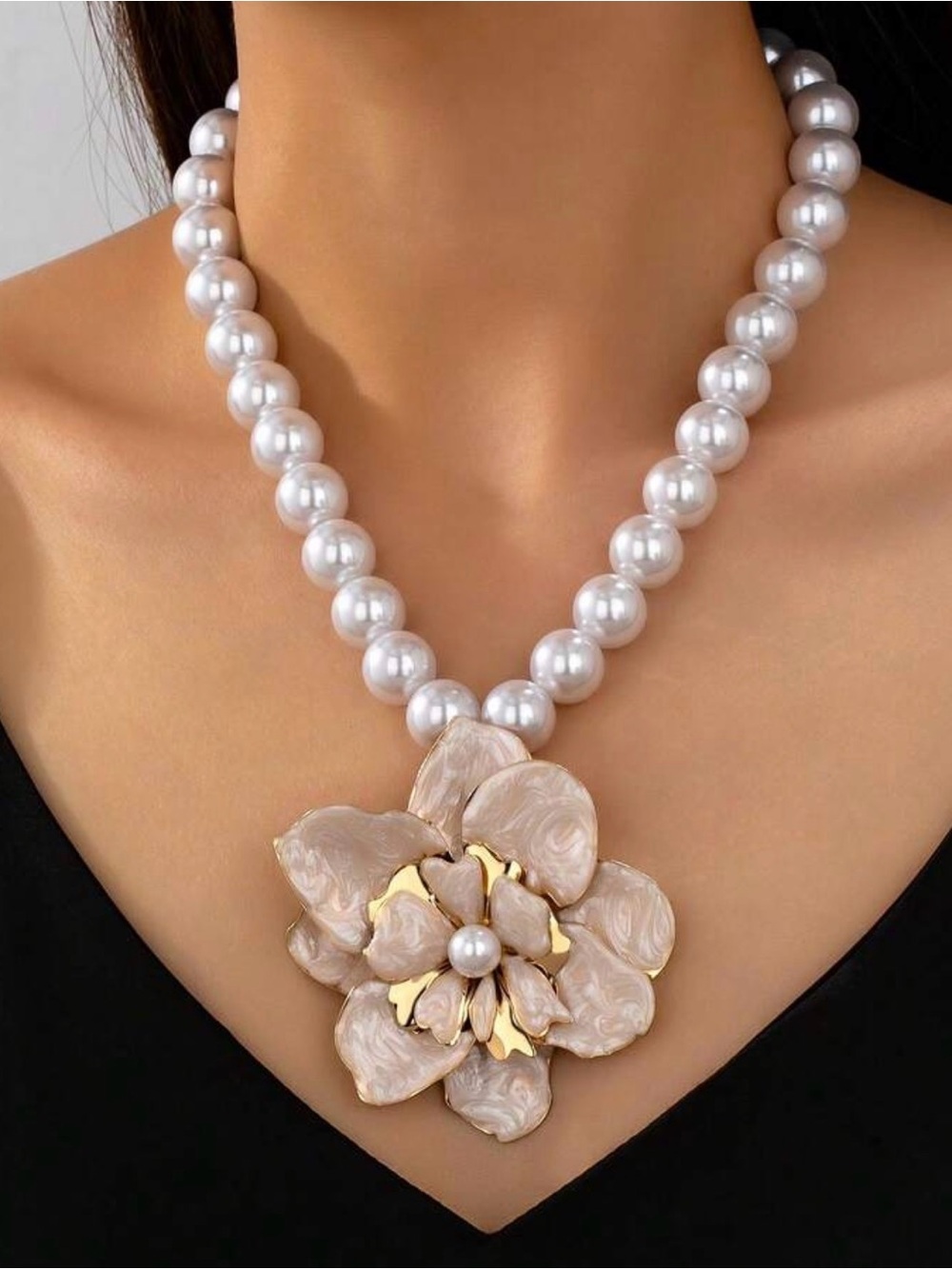 Pearl Necklace with Champagne Flower Pendant - Elegant Women's Jewelry